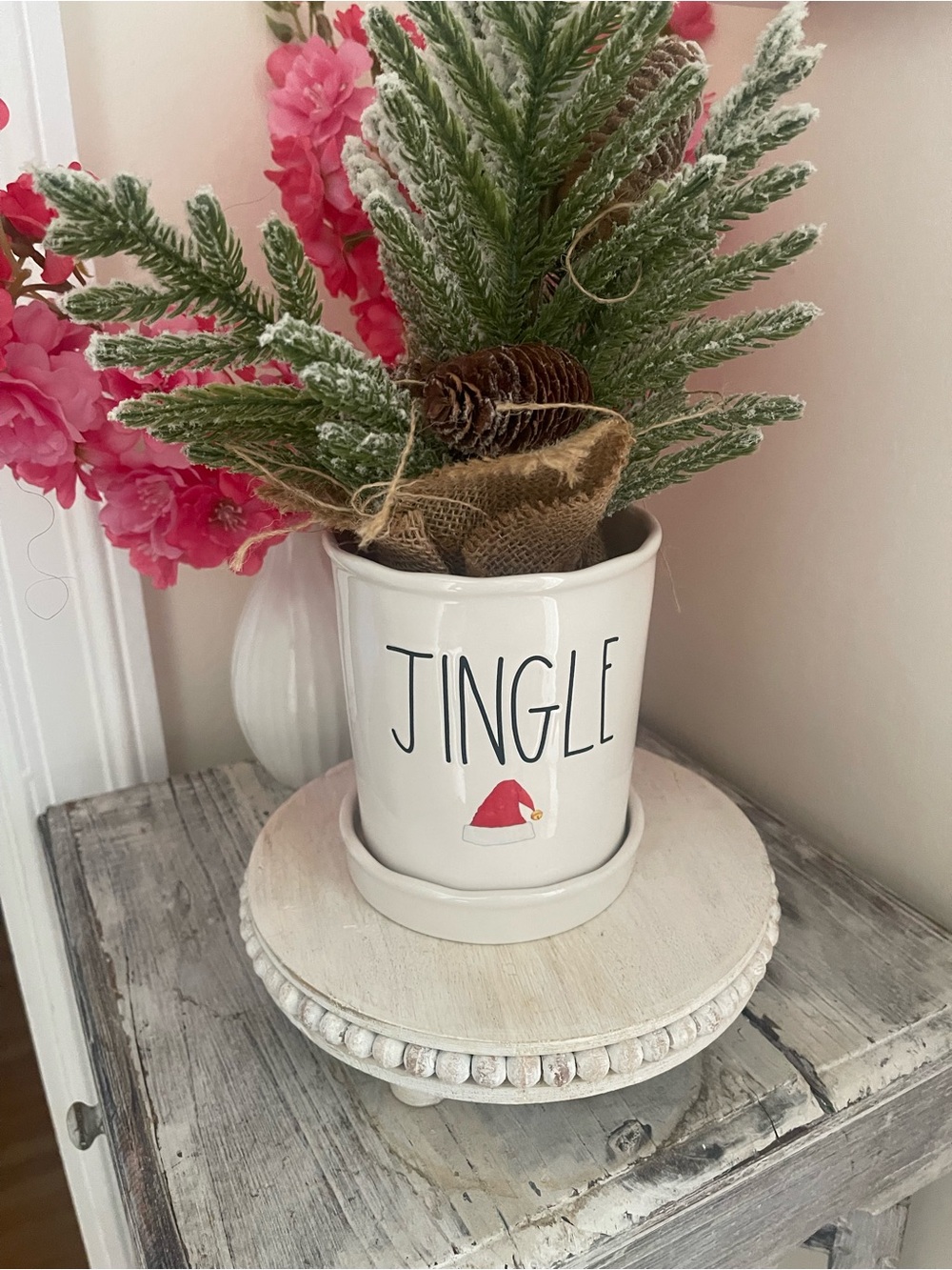 Rae Dunn White Ceramic 'JINGLE' Planter with Santa Hat Accent